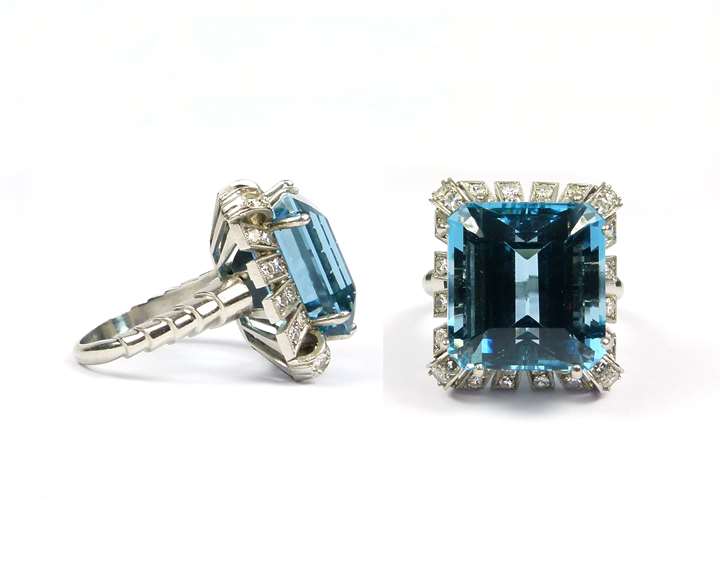 Aquamarine and diamond cluster ring